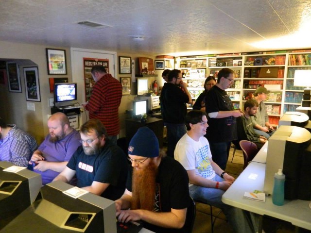 This room is full of beastly players. In this picture, I'm playing Marble Madness on the NES and having the run of my life, 95610 points. It only got me third place in that game.