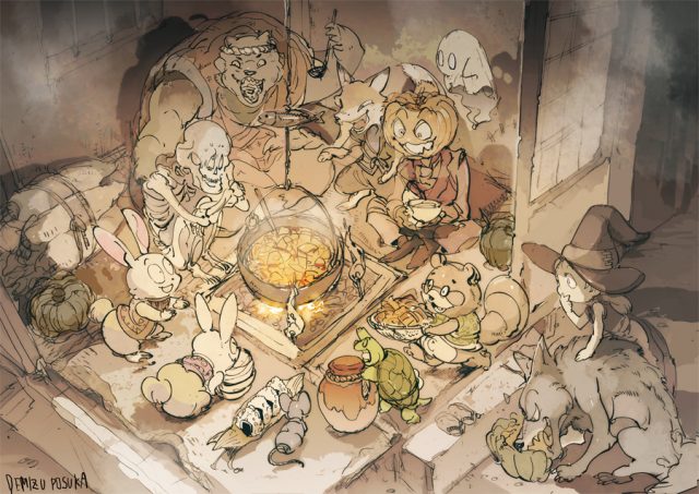 Here's a good desktop wallpaper. Animals and monsters, just chillin' and eating dinner. I'm cool with this. If this was a Mystery Dungeon game, that witch girl would have just picked a fight with the entire room.